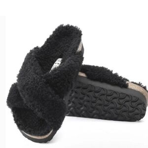 Birkenstock Papillio Daytona Slide Sandal Black Shearling Teddy Platfor, Size 37